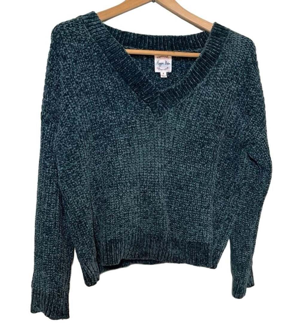 Lagenlook Teal Blue Green Chenille V Neck Sweater Sz. S, Plush Cozy Knit Pullov